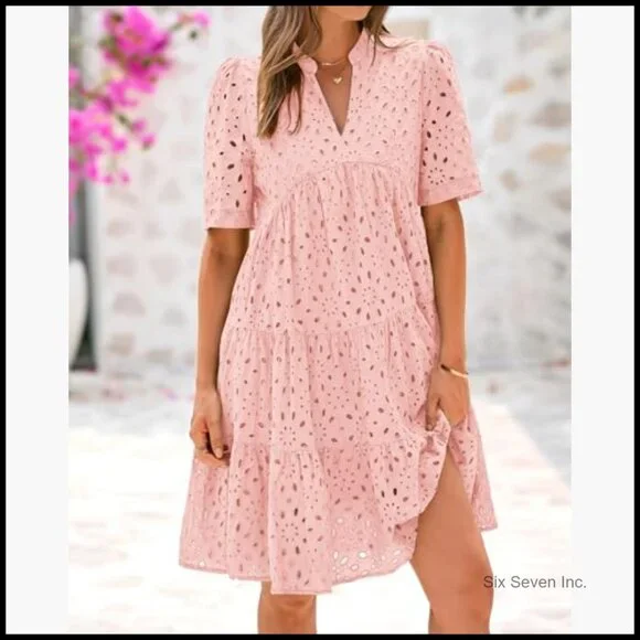V Neck Short Sleeve Hollow Out Lace Ruffle Casual Mini Dress